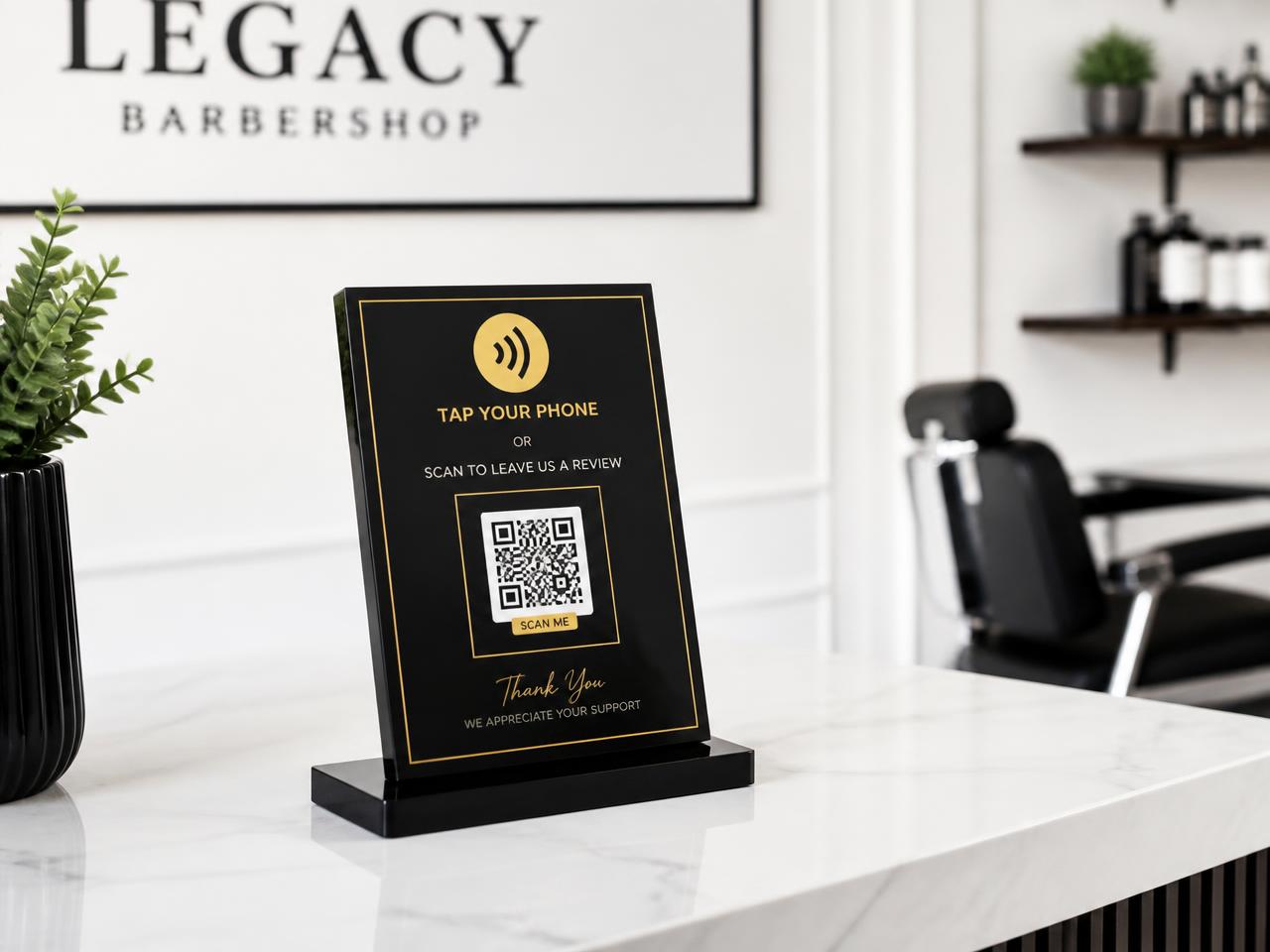 A branded TapReview Pro countertop display with NFC tap area and QR code on a barbershop reception desk